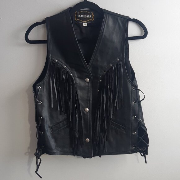 Originaux V.N. inc Montréal Jackets & Blazers - Vintage Genuine Leather Fringe Vest Biker Western Black Lace Up Made in Canada S